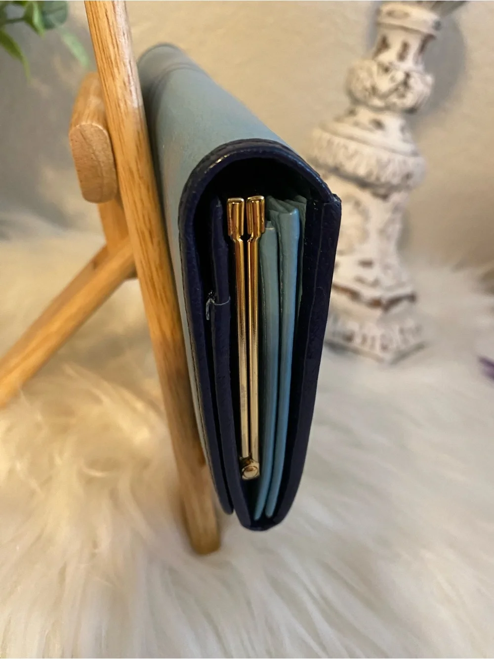 Roberta di Camerino Sky Blue Leather Belt-Motif Wallet with Navy Trim